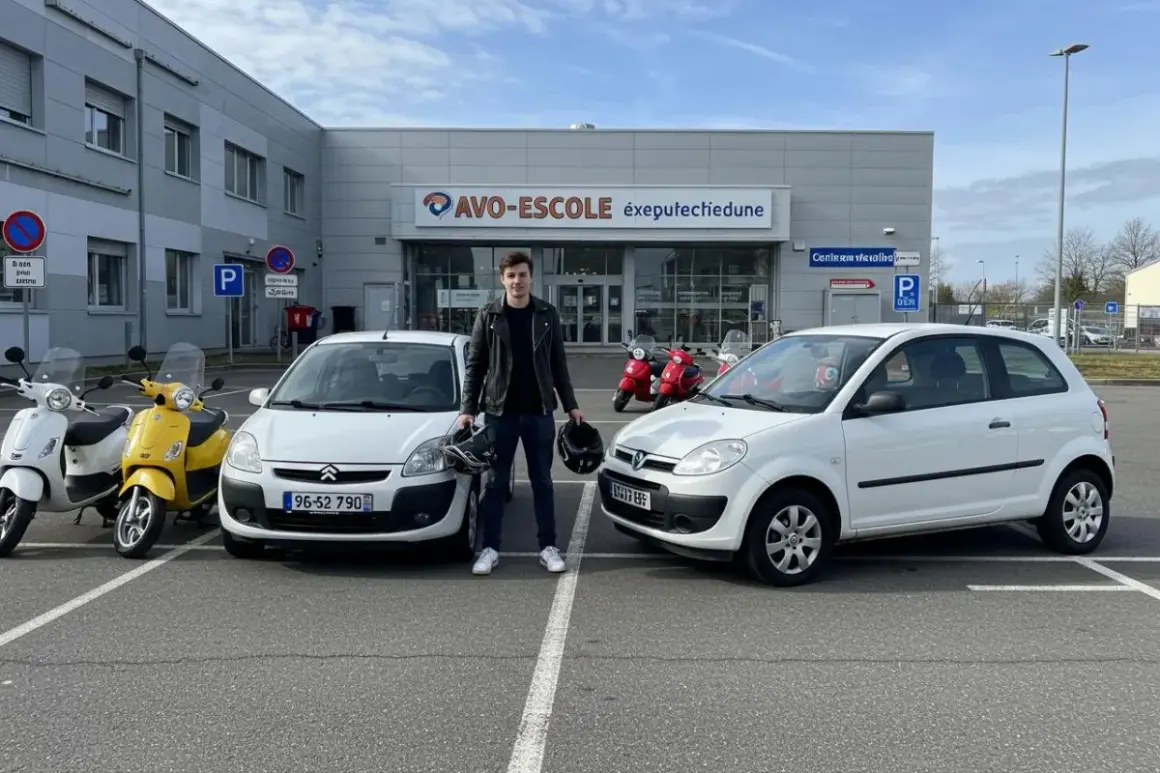 Un jeune homme pose devant une auto-école avec deux voitures sans permis et des scooters. Il tient deux casques, prêt pour son apprentissage.