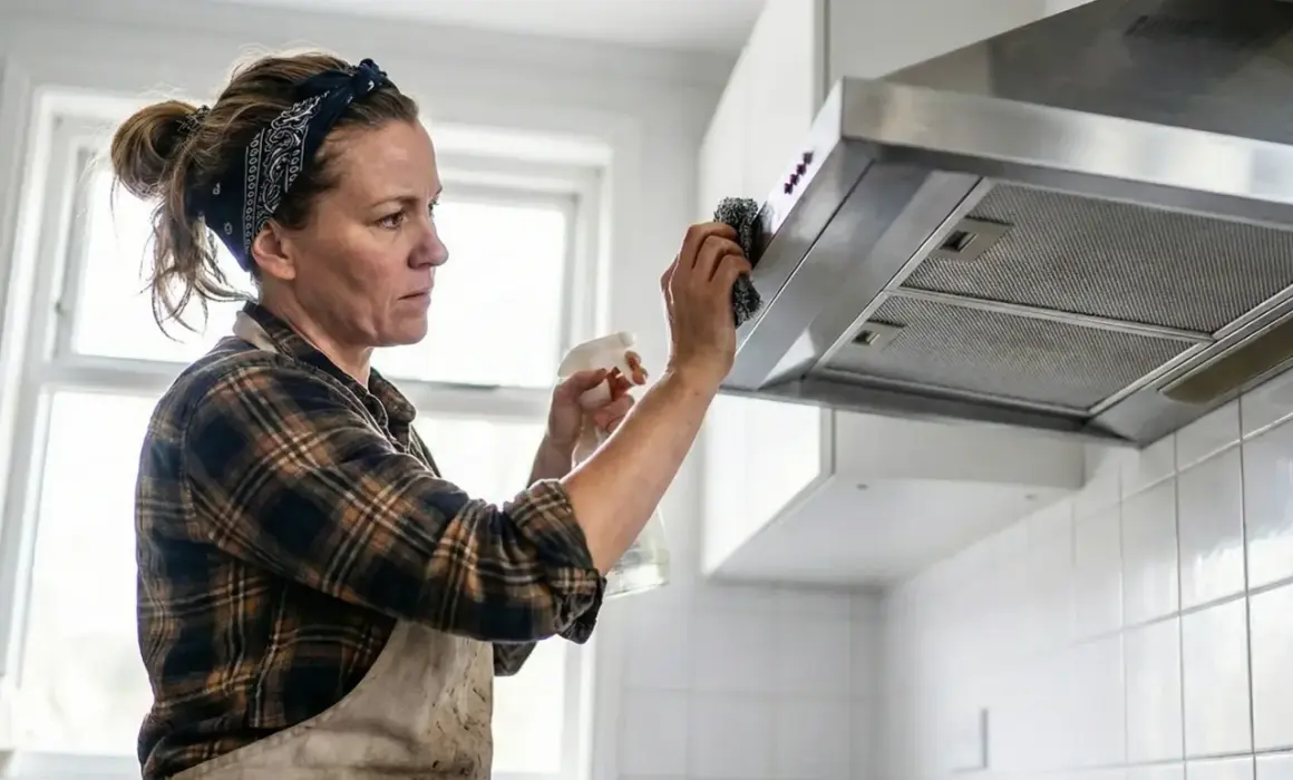 Kobieta w fartuchu i chustce na głowie czyści okap kuchenny. Pokazuje, jak wyczyścić okap z tłuszczu, używając sprayu i gąbki.