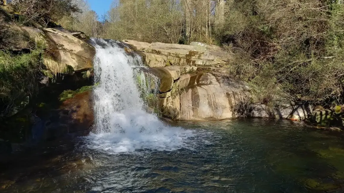 Cascada de agua blanca cayendo sobre rocas, formando pozas de melón en el río. Vegetación frondosa y árboles secos rodean el paisaje.