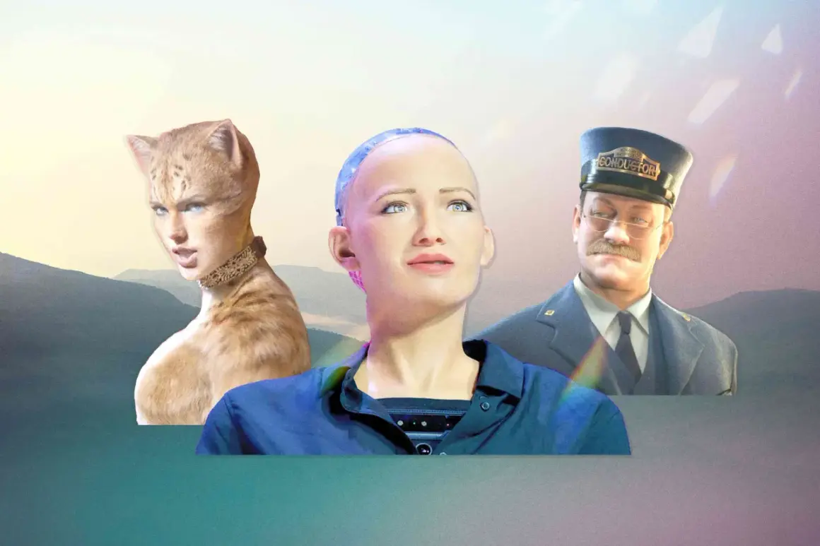 A drawing exploring the uncanny valley: a cat-woman hybrid, a robot, and a train conductor.