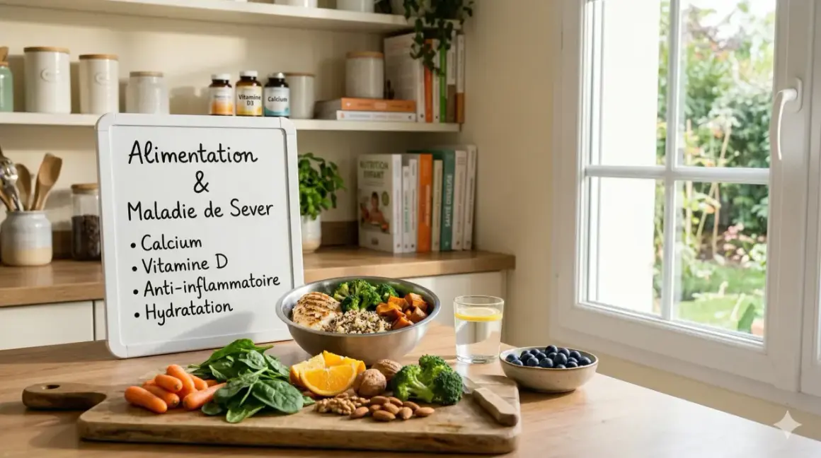 Alimentation et maladie de Sever : une assiette saine avec poulet, quinoa, brocolis, patates douces, fruits et noix. Le tableau liste calcium, vitamine D, anti-inflammatoires et hydratation.