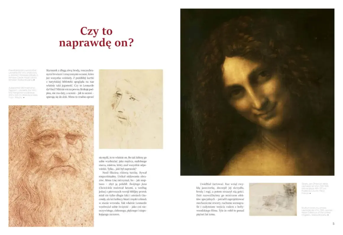 Domniemany autoportret Leonarda da Vinci, starca z brodą i zmęczonymi oczami, spoglądającego z pożółkłej kartki.