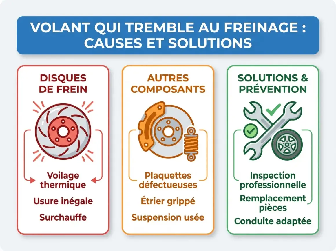 Illustration expliquant les causes du volant qui tremble au freinage : voilage, usure, surchauffe des disques, plaquettes défectueuses, étrier grippé, suspension usée. Solutions : inspection, remplacement, conduite adaptée.