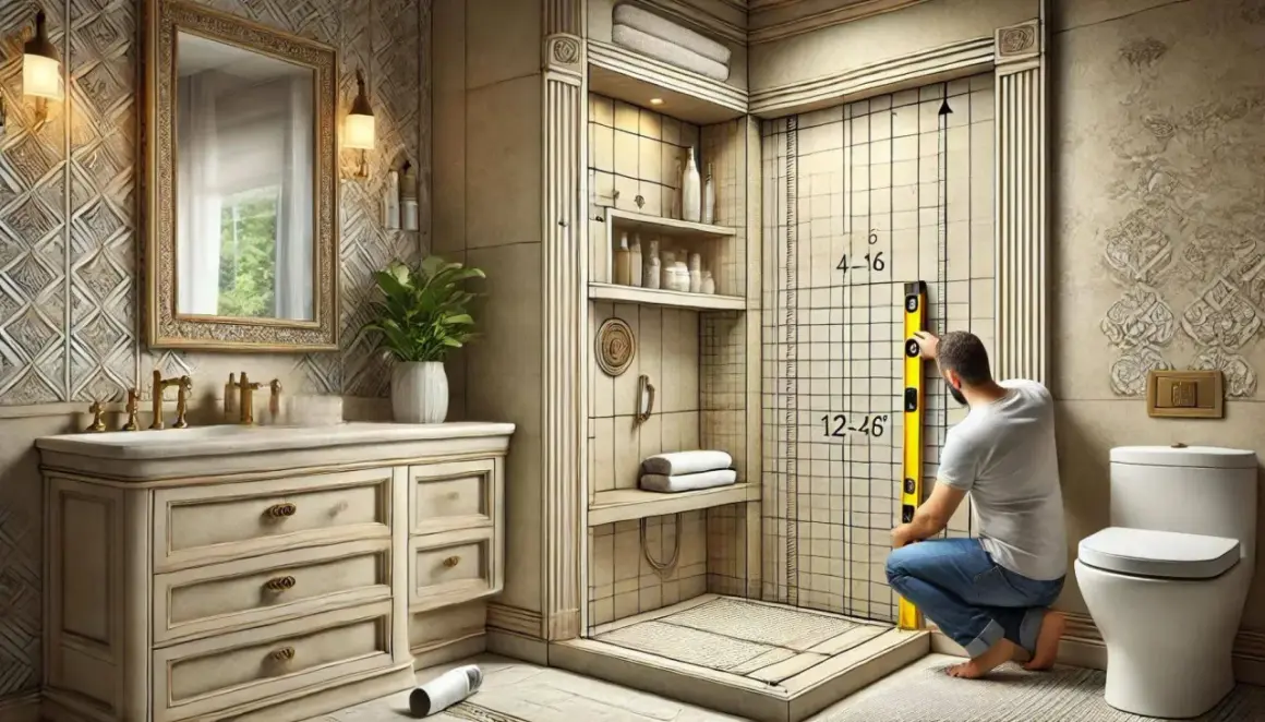 Un homme vérifie la hauteur de la niche de douche avec un niveau. La pièce est décorée dans des tons clairs et comprend un lavabo, une toilette et des étagères.
