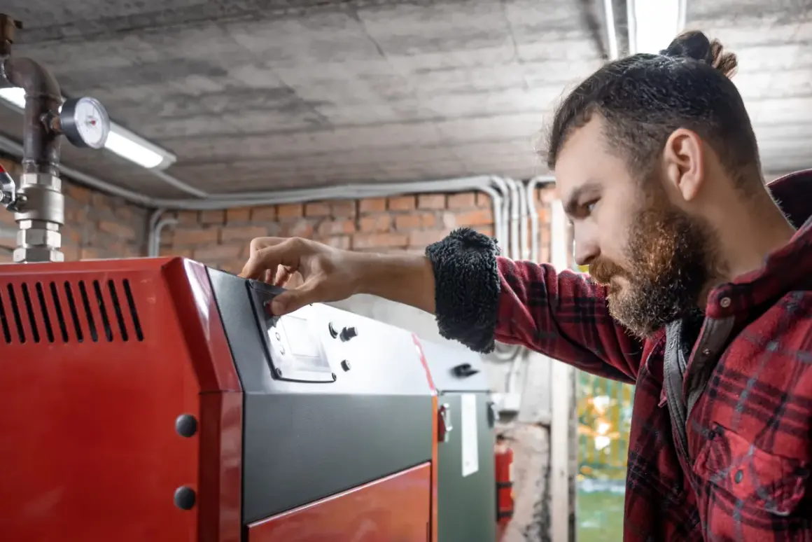 Mężczyzna reguluje ustawienia pieca na ekogroszek. Widać panel sterowania i manometr.