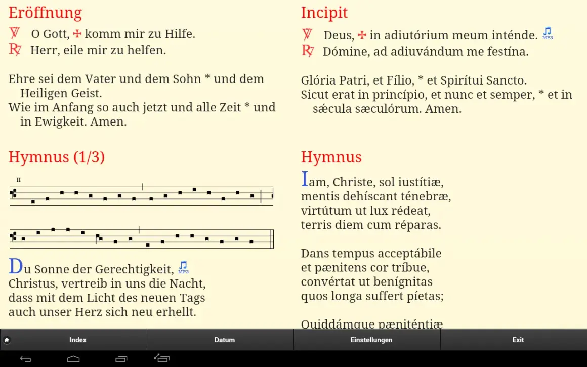 Zwei Seiten mit religiösen Texten und Noten, eine Seite mit lateinischem Text.