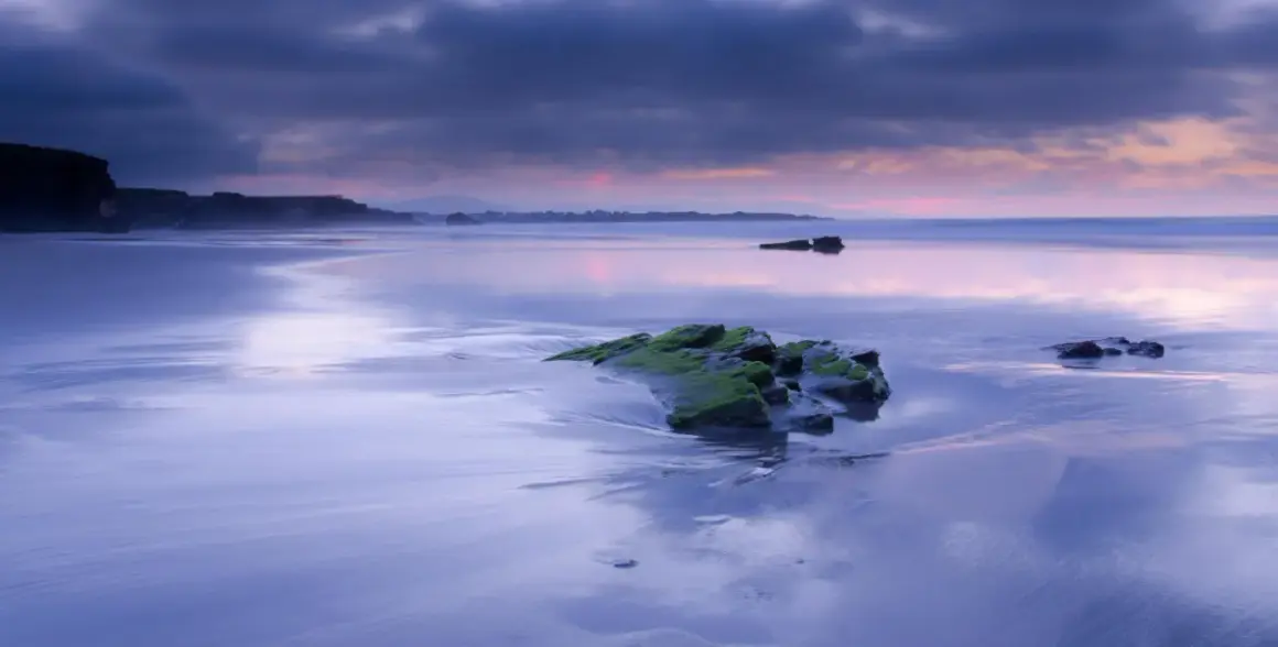 Reflejos púrpuras en la playa de Foz al amanecer. Rocas cubiertas de musgo emergen de la arena mojada, bajo un cielo dramático.