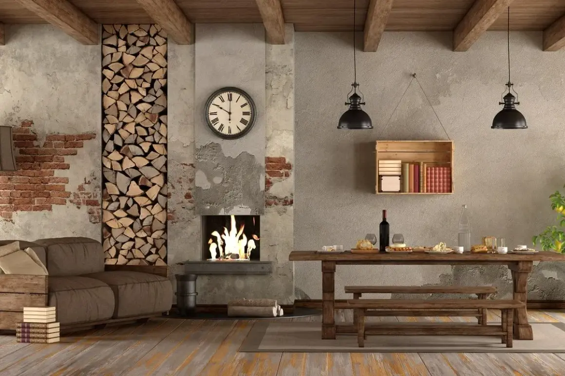 Un soggiorno rustico con camino acceso, divano, tavolo in legno e scaffale con libri. Stili di arredamento che evocano calore e tradizione.