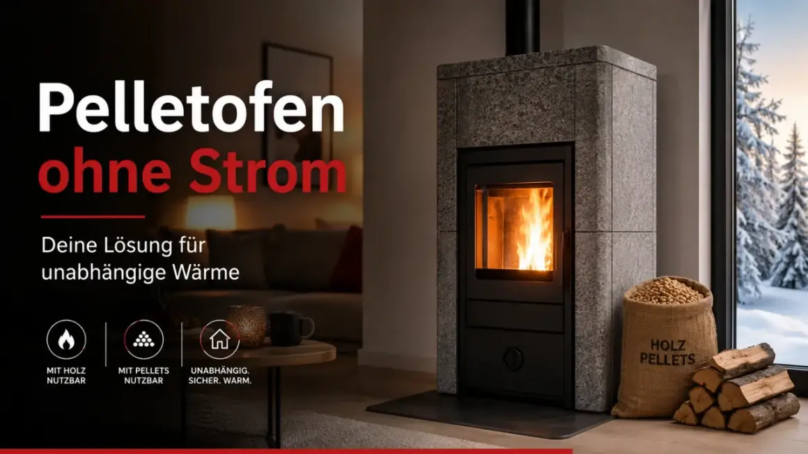 Moderner Pelletofen, der ohne Strom funktioniert. Ideal für unabhängige Wärme, auch bei Stromausfall. Holz und Pellets als Brennstoff.