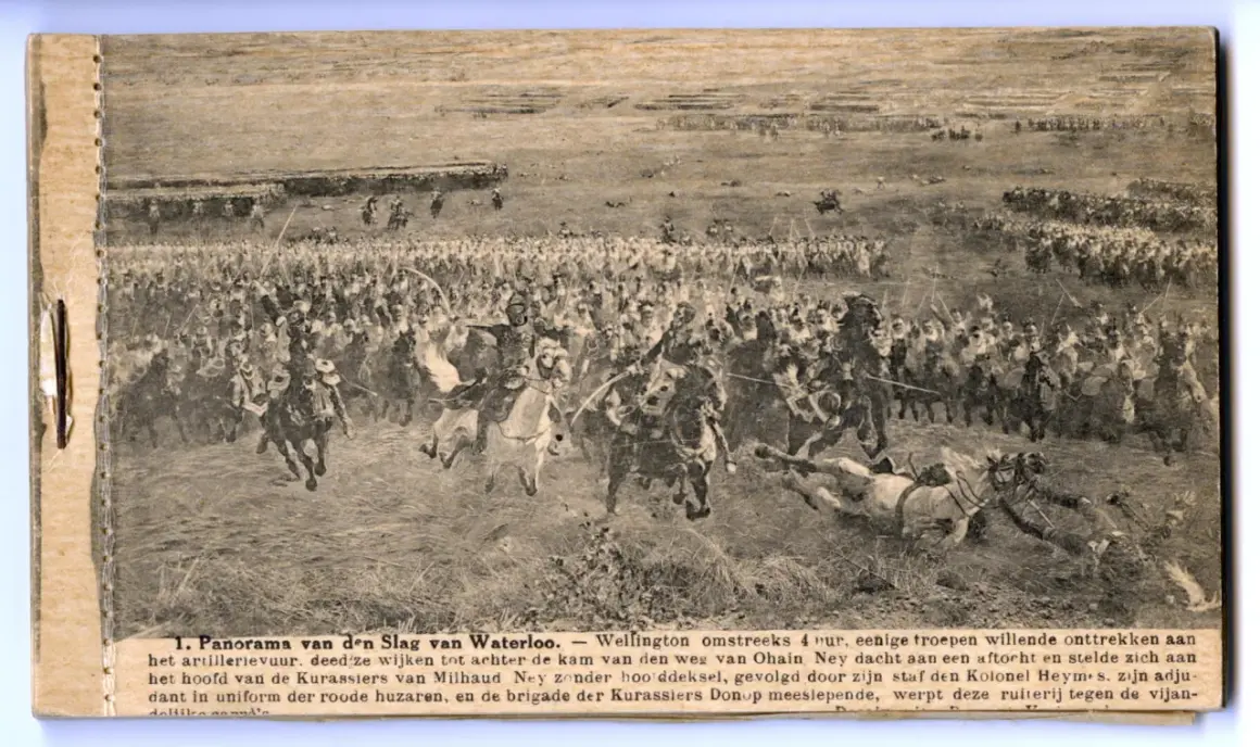 Een levendige waterloo painting toont een chaotische veldslag met cavalerie en infanterie.