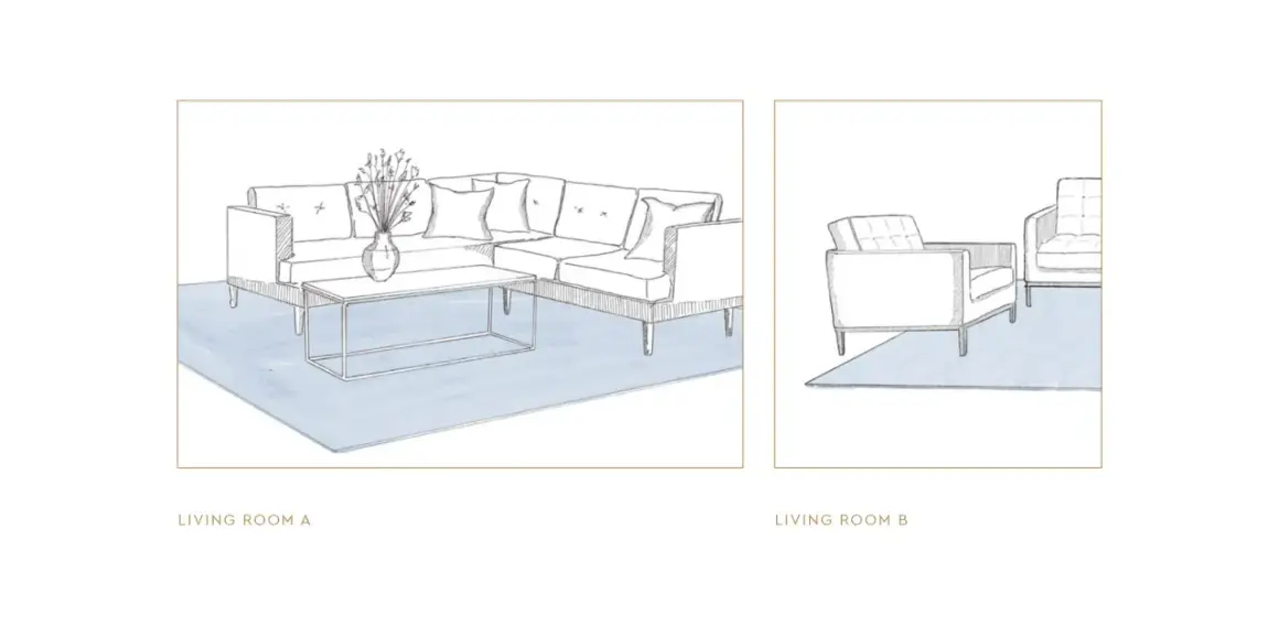 Wohnzimmer A zeigt eine Couch mit Couchtisch auf einem Teppich. Wohnzimmer B zeigt zwei Sessel, die Frage: Teppich unter Couchtisch ja oder nein?