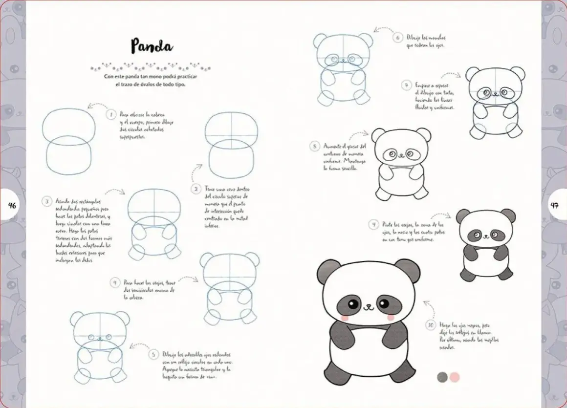 Guía paso a paso para dibujar adorables dibujos cuquis kawaii de pandas.