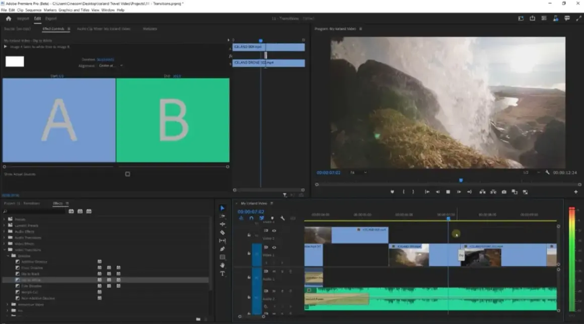 Adobe Premiere Pro showing how to install transitions in Premiere Pro, with "Dip to White" selected in the Effects panel.