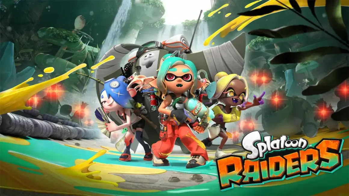 Vier bunte Inklinge mit Waffen, bereit für den nächsten Nintendo Direct. Splatoon Raiders im Kampf.