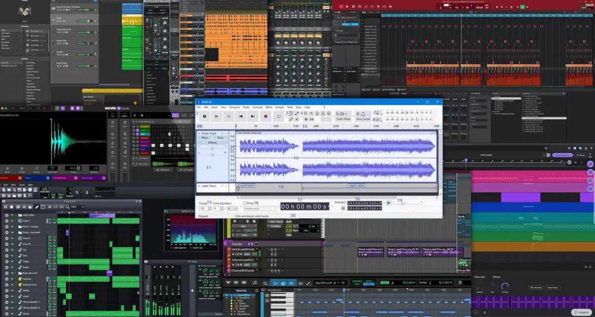 Interfaz de software para grabar canciones online, mostrando pistas de audio, efectos y secuenciador.