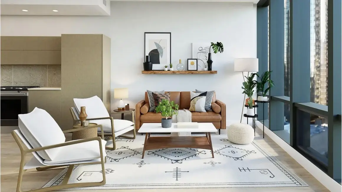 A modern traditional interior design featuring a brown leather sofa, white armchairs, and a geometric rug.
