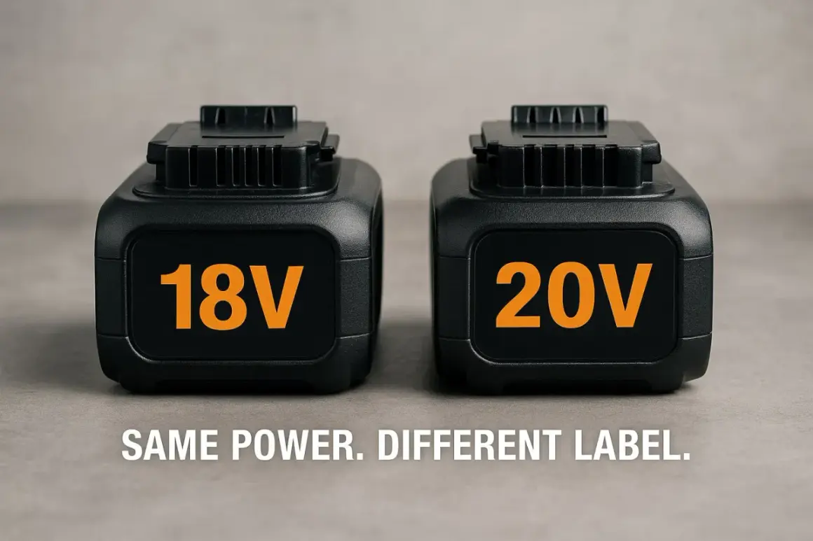 Deux batteries, 18V et 20V, côte à côte. La question : peut on charger une batterie 18v avec un chargeur 20v ? Même puissance, étiquette différente.