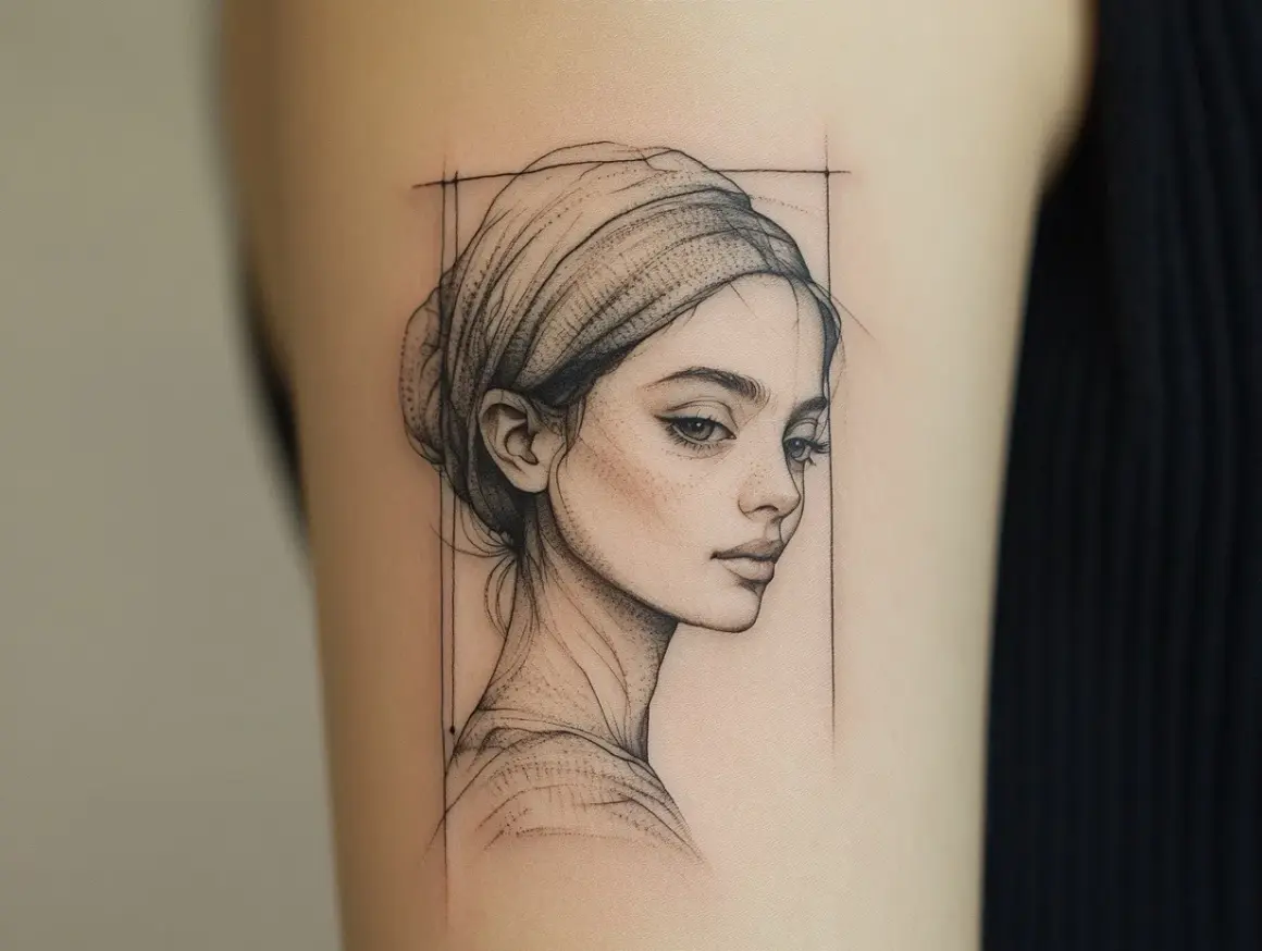 Ein zartes Fineline-Tattoo zeigt das Profil einer jungen Frau mit Kopftuch, gezeichnet mit feinen Linien und Schattierungen.