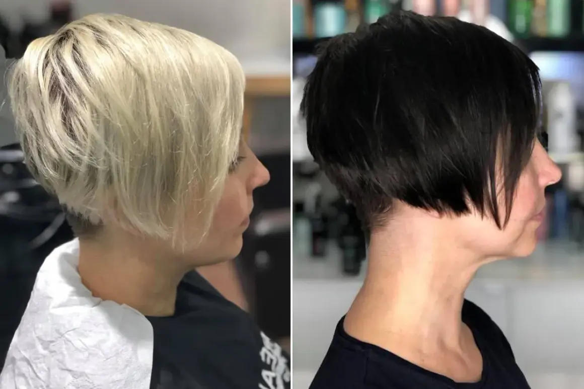 Zwei Damen mit modernen kurzhaarfrisuren: eine mit blondem, die andere mit schwarzem Haar.