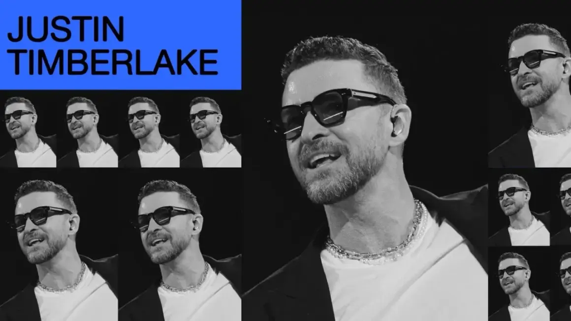 Justin Timberlake w Polsce, śpiewający na scenie w okularach i naszyjniku.