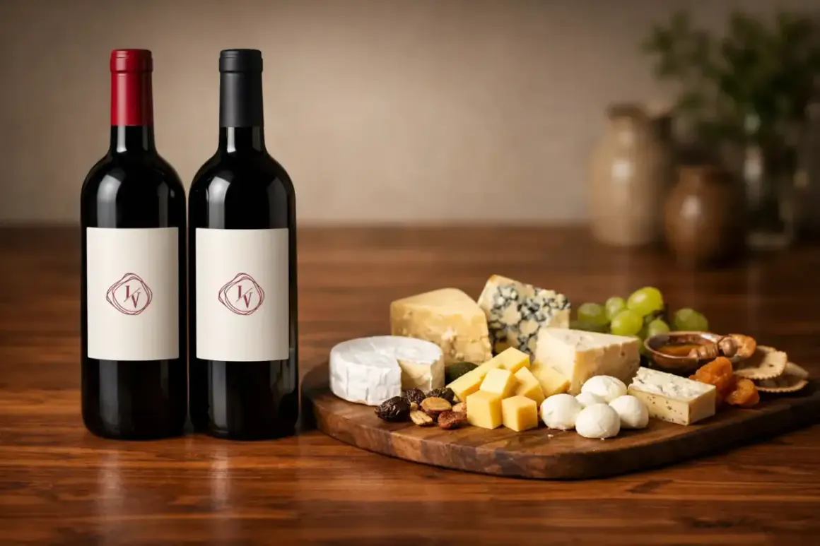 Due bottiglie di vino rosso accanto a un tagliere con vari formaggi, uva e miele. Il vino perfetto per formaggi.
