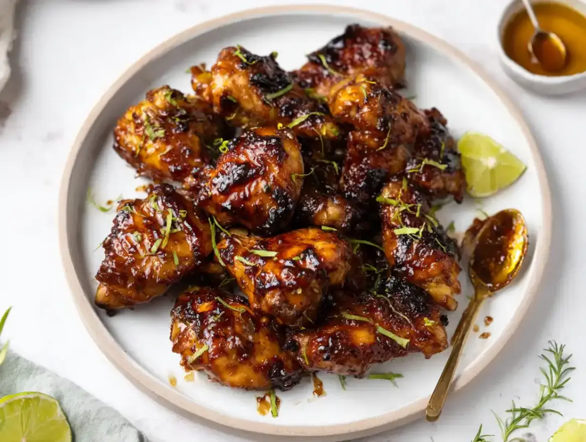 Krispiga kycklingvingar med en glansig glaze, garnerade med lime och örter. Ett perfekt recept för en smakrik glaze!