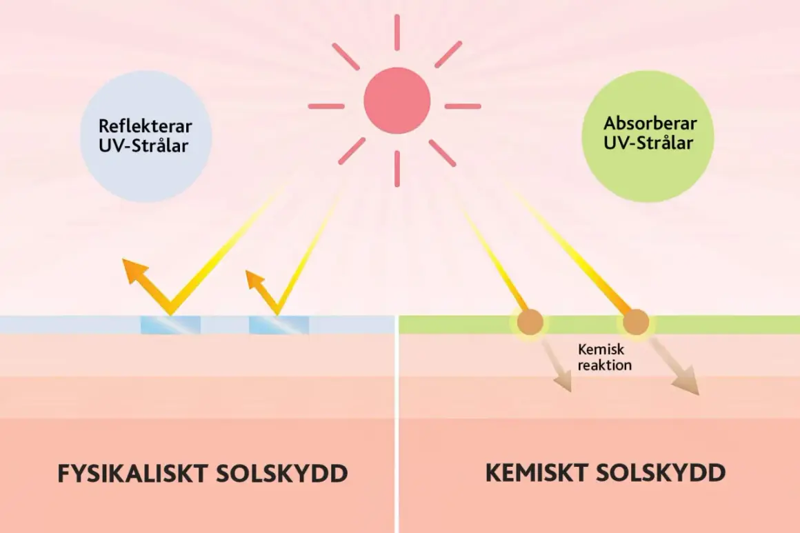Bilden visar hur fysiskt solskydd reflekterar UV-strålar och kemiskt solskydd absorberar dem. Detta förklarar vad betyder SPF i solskydd.