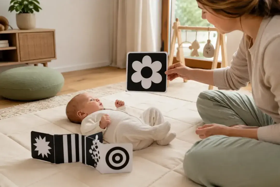Niemowlę z zaciekawieniem ogląda czarno-białe karty kontrastowe, które pokazuje mu mama. Zabawki kontrastowe od kiedy są tak ważne dla rozwoju wzroku maluszka!