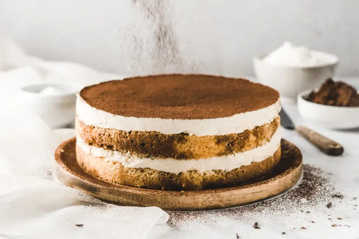 Ein köstlicher Tiramisu-Kuchen wird mit Kakaopulver bestäubt.