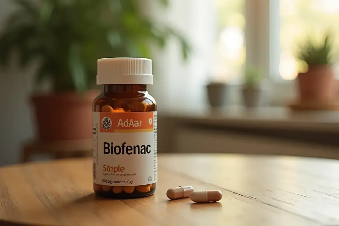 Butelka leku Biofenac 100 mg na drewnianym stole, obok dwie kapsułki. W tle rośliny doniczkowe.