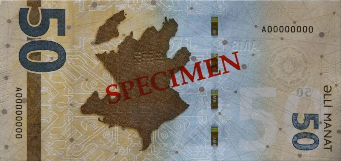50 manatów, waluta Azerbejdżanu, z mapą kraju i napisem "SPECIMEN".