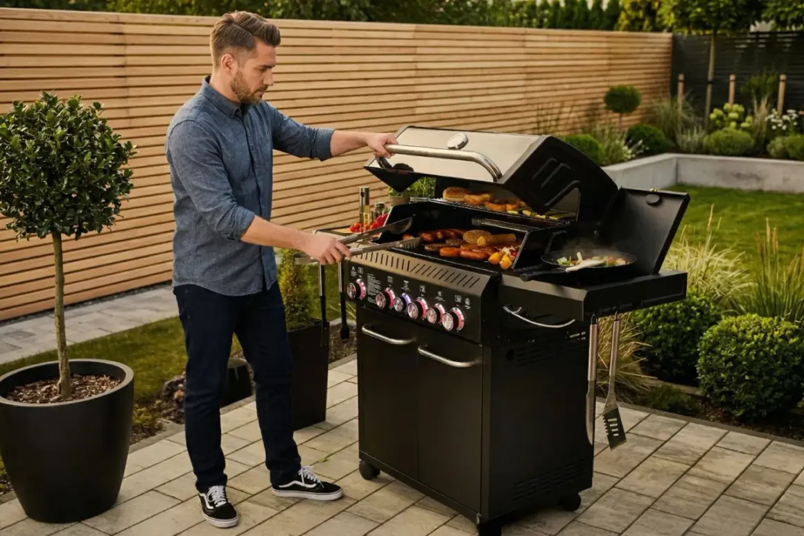 Mężczyzna przygotowuje kiełbaski i bułki na grillu. Warto mieć pod ręką wszystko, co zabrać na grilla, by cieszyć się smacznym posiłkiem w ogrodzie.