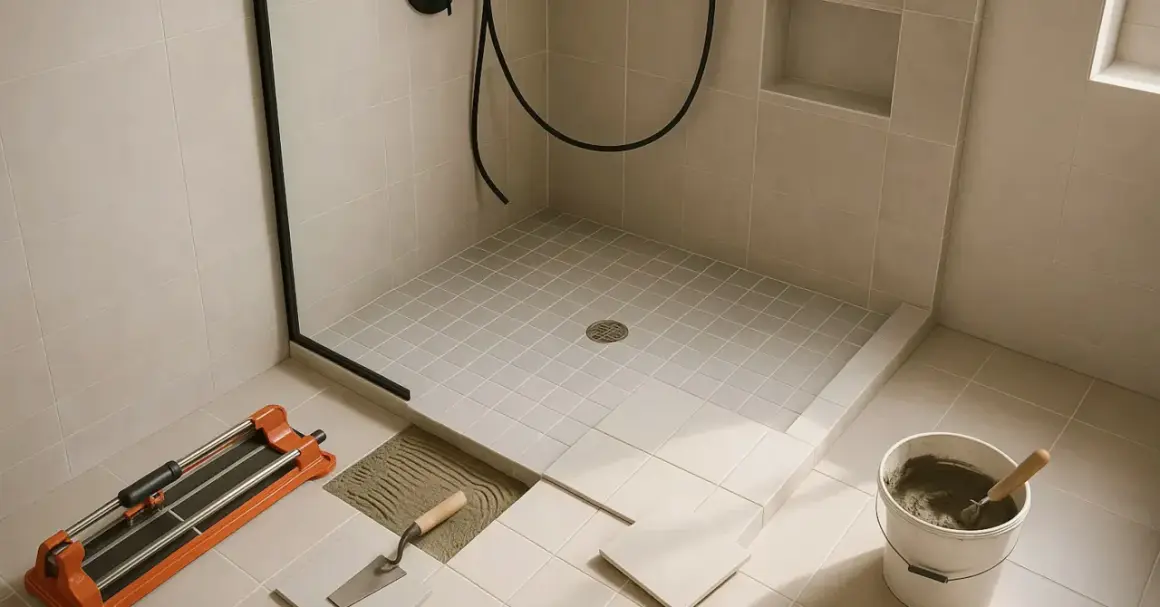 Outils pour installer une douche italienne : carreleur, truelle, seau de mortier. La pose des carreaux est en cours.