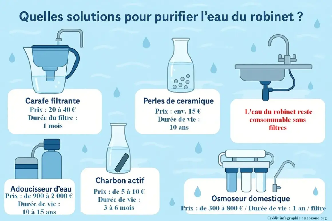 Diverses méthodes pour comment filtrer l'eau du robinet : carafe, perles, charbon actif, adoucisseur, osmoseur. L'eau du robinet est consommable sans filtres.