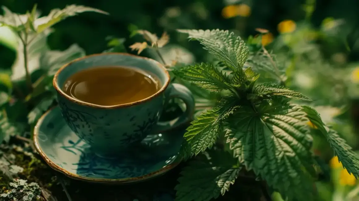 Herbatka z pokrzywy, która na co pomaga, w filiżance wśród zieleni.
