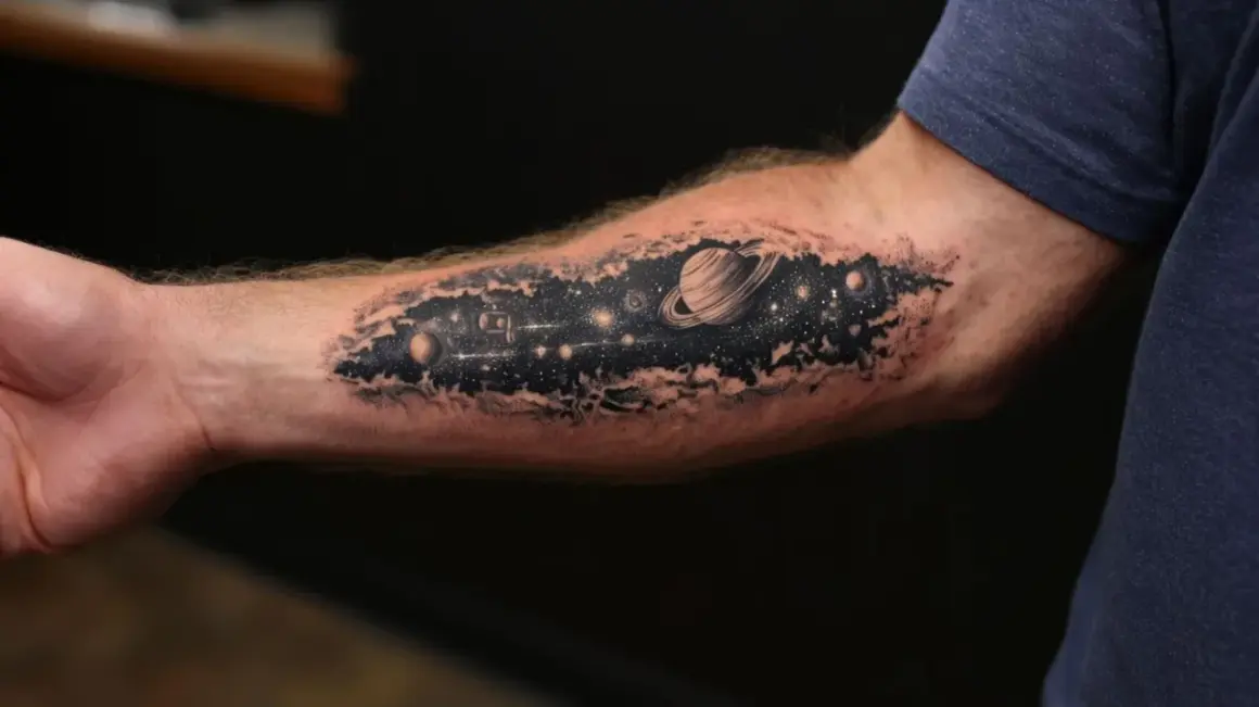 Tatuaż kosmos na przedramieniu: Saturn, planety i gwiazdy w czerni i bieli.