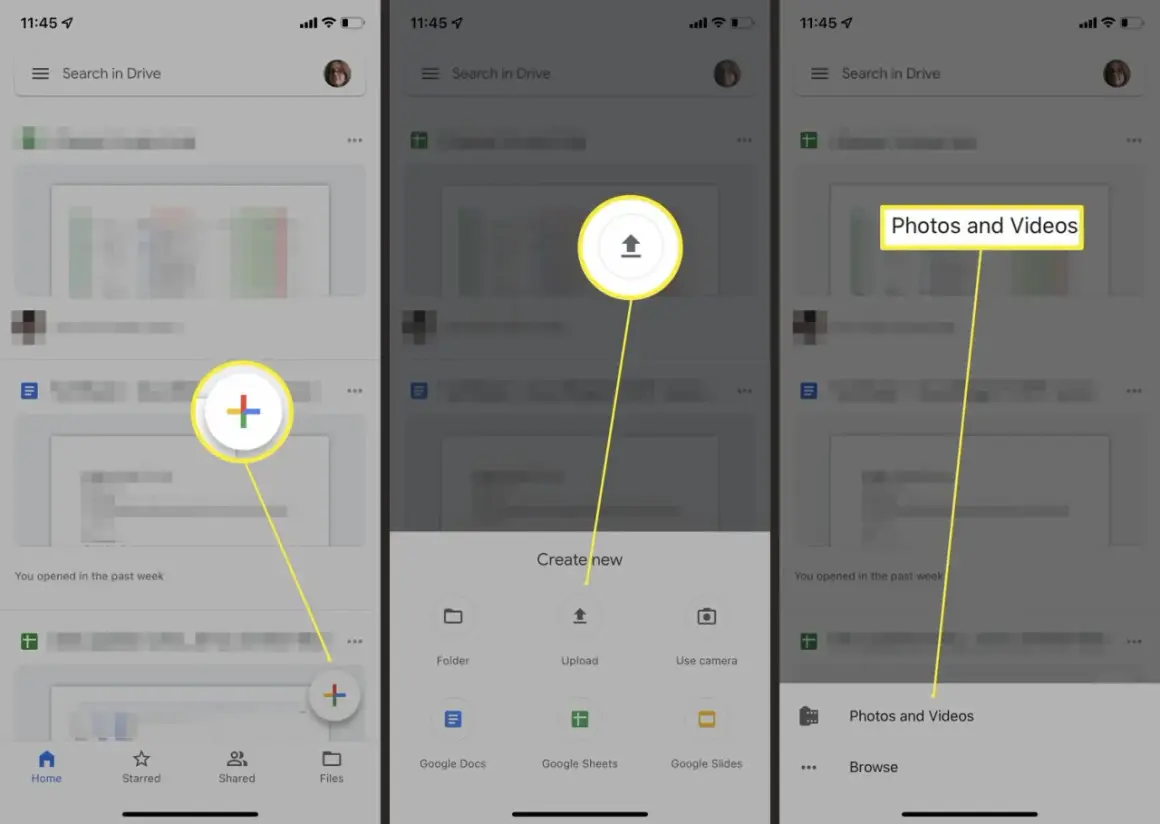 Tap "Photos and Videos" to add them to Google Drive. The interface shows options to upload files.