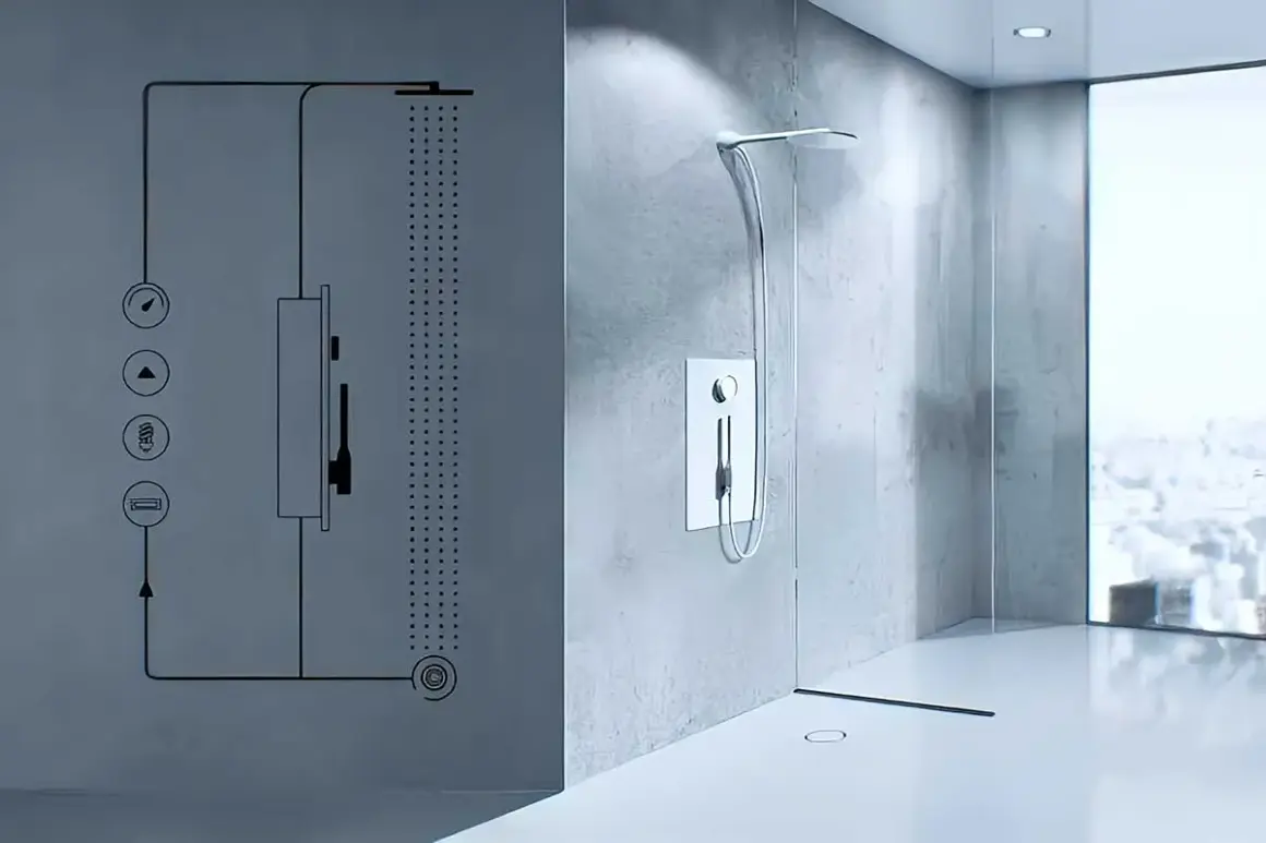 Schéma d'une douche moderne avec un système de douche recyclage eau. L'image montre le fonctionnement d'une douche à effet pluie et d'une douchette, avec des icônes pour le contrôle de la température et du débit.