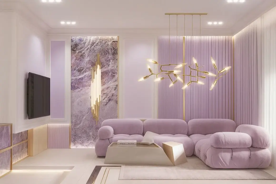A plush lavender sofa anchors this room, embodying a serene lavender color aesthetic. Marble accents and a striking gold chandelier add a touch of luxury.
