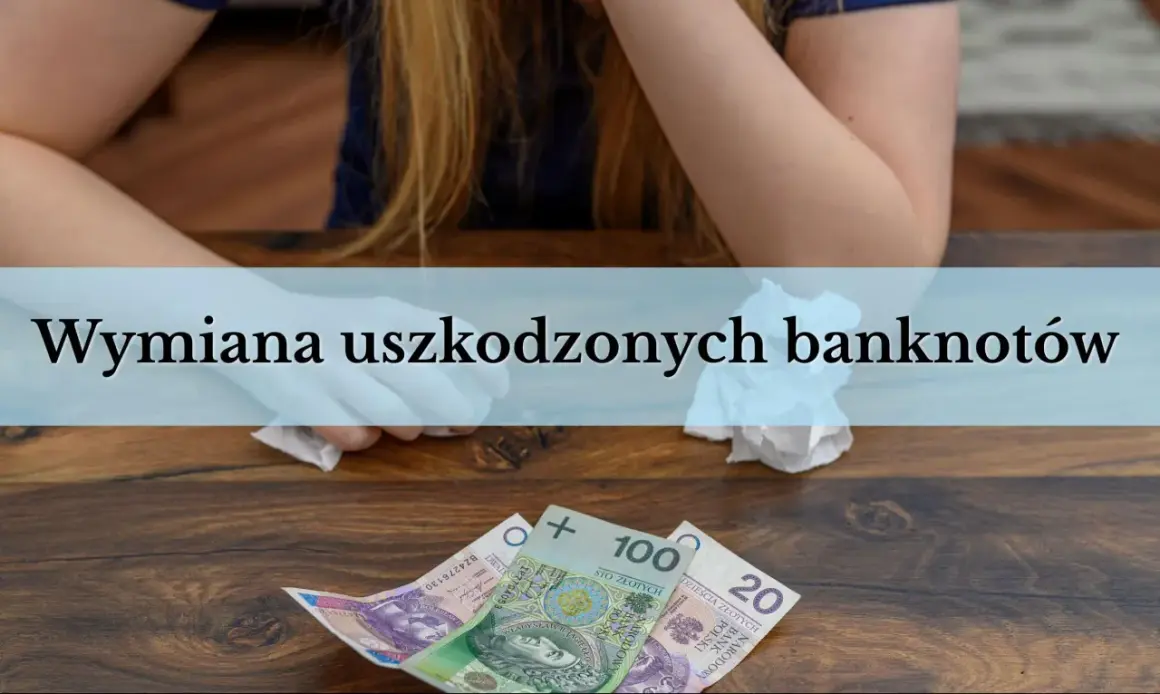 Uszkodzone banknoty 100 i 20 zł leżą na drewnianym stole. Dowiedz się, gdzie wymienić uszkodzony banknot.