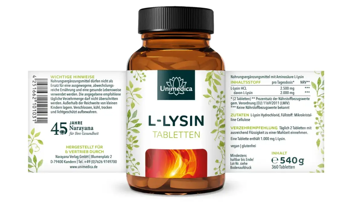 Flasche L-Lysin Tabletten von Unimedica. Die Wirkung von L-Lysin wird hier als Nahrungsergänzungsmittel beworben.
