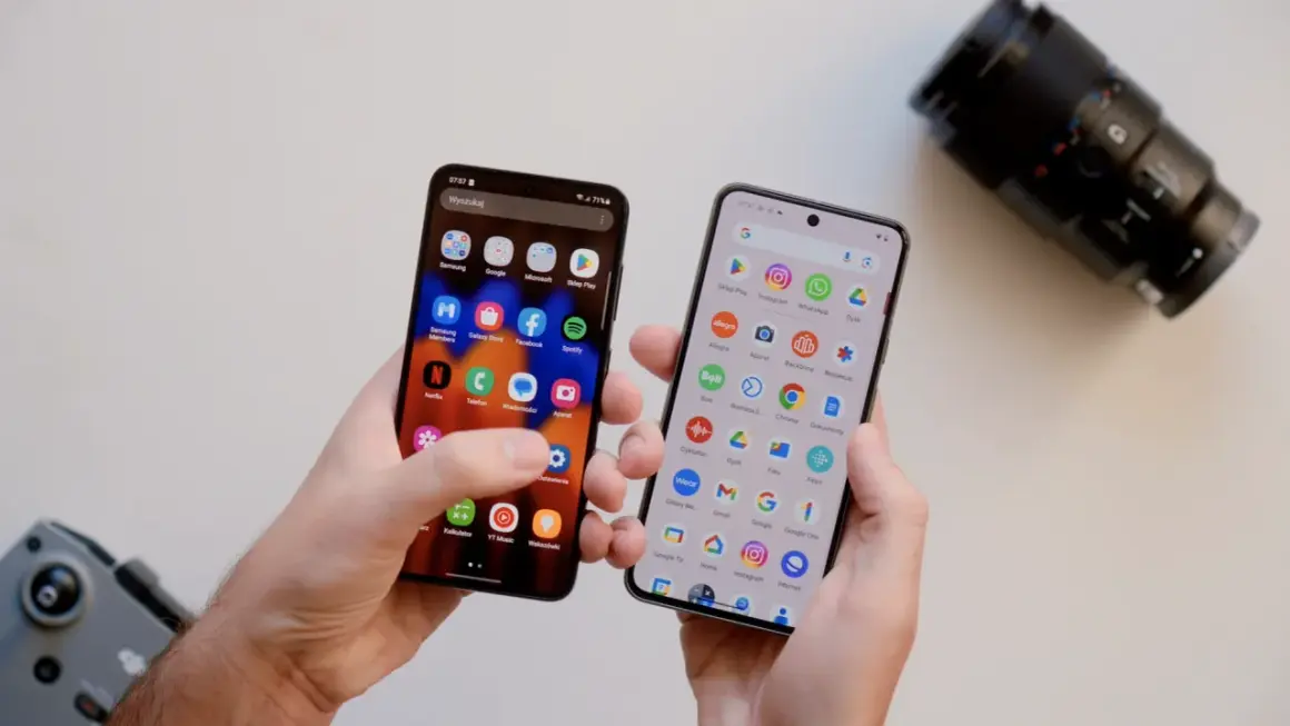 Dwa telefony w dłoniach, jeden z ikoną aparatu, drugi z ikoną aparatu. Który telefon ma lepszy aparat? Obok leży obiektyw aparatu.