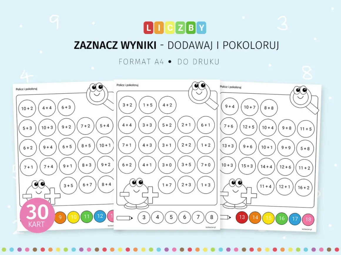 Karty pracy z dodawaniem i kolorowankami dla dzieci, z przykładami matematycznymi w kółkach.