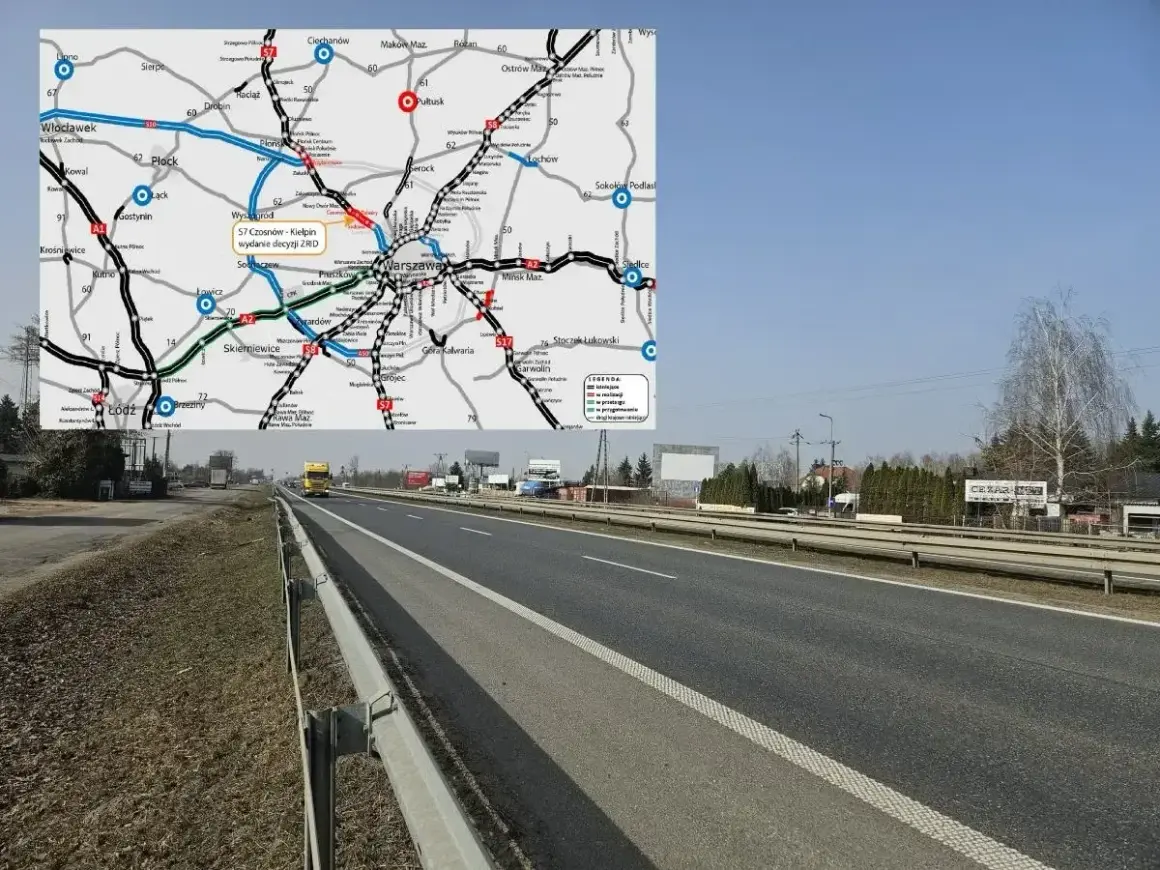 Droga krajowa S7 w pobliżu Warszawy, z widokiem na autostradę i mapę z zaznaczonym przebiegiem trasy.