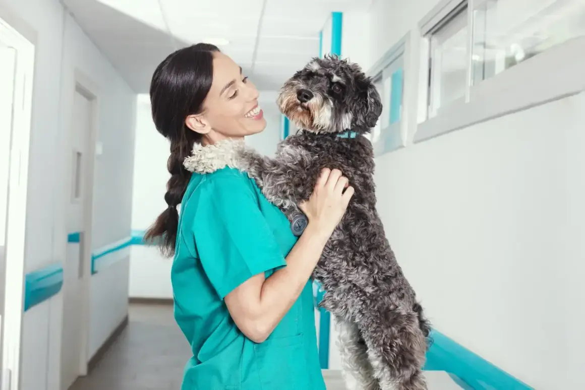 Veterinaria sonríe mientras abraza a un perro, ajenos a los ladridos de perros que se oyen en el pasillo.
