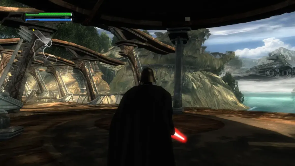 Darth Vader mit rotem Lichtschwert auf einer Plattform, im Hintergrund ein Sternenzerstörer. Das Spiel "The Force Unleashed" auf der Switch.