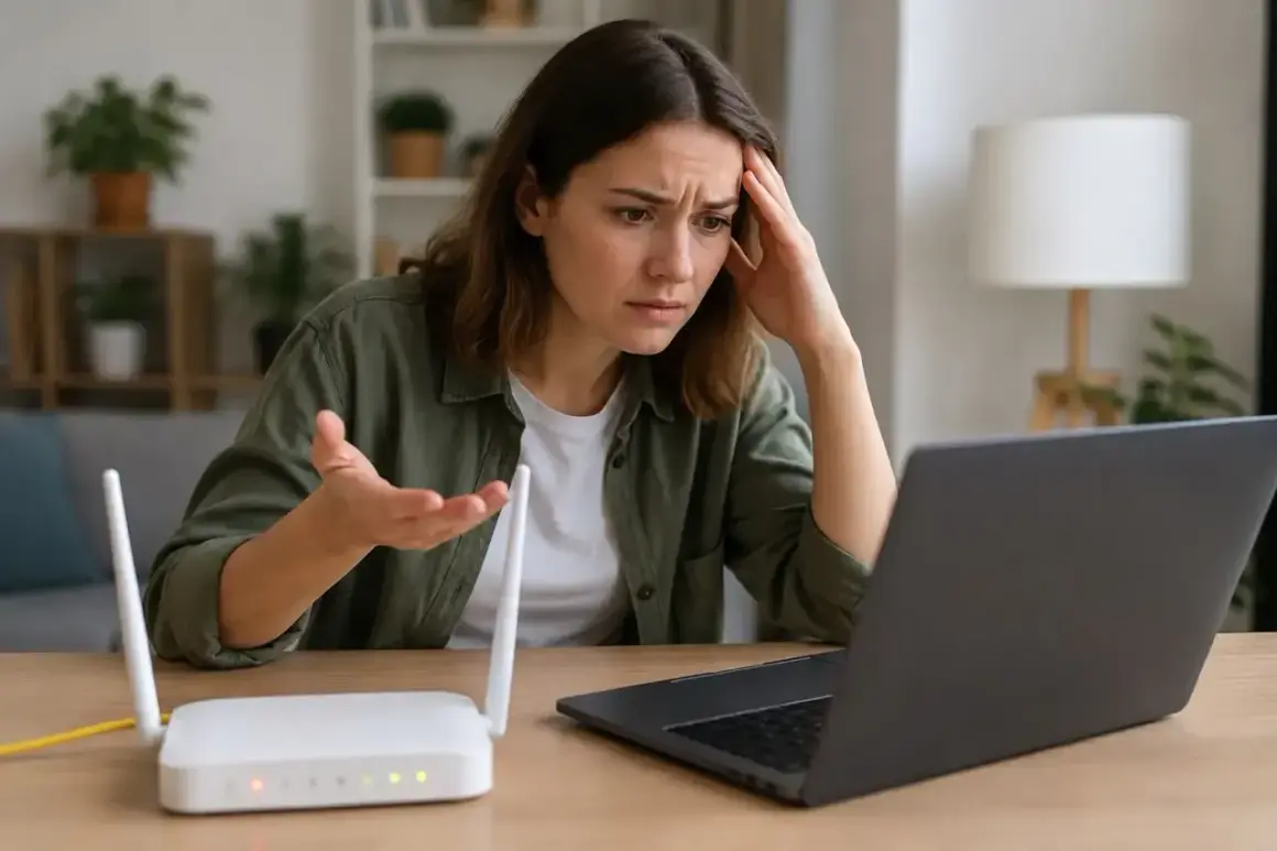 Zmartwiona kobieta patrzy na router i laptopa, zastanawiając się, dlaczego kabel koncentryczny internetu nie działa.