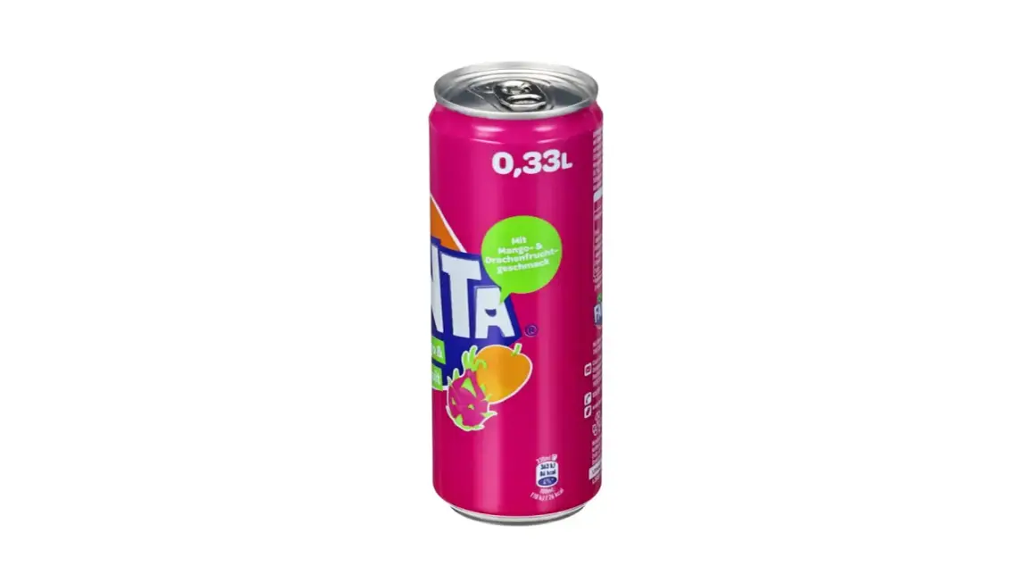 Puszka napoju Fanta Mango & Smoczy Owoc w kolorze fuksji z grafiką owoców.