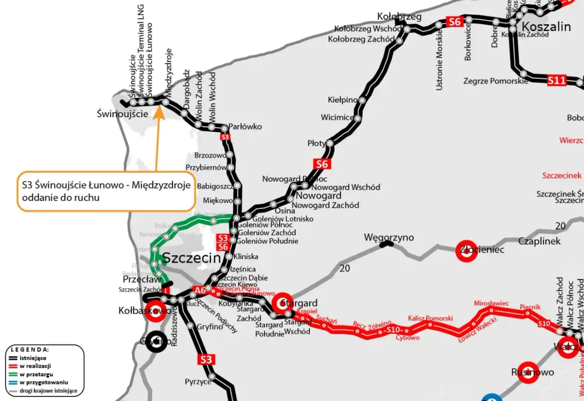 Mapa drogowa z zaznaczoną autostradą A3, drogami S3, S6, S10, S11 i innymi trasami. Widoczne miasta: Szczecin, Koszalin, Kołobrzeg, Międzyzdroje.