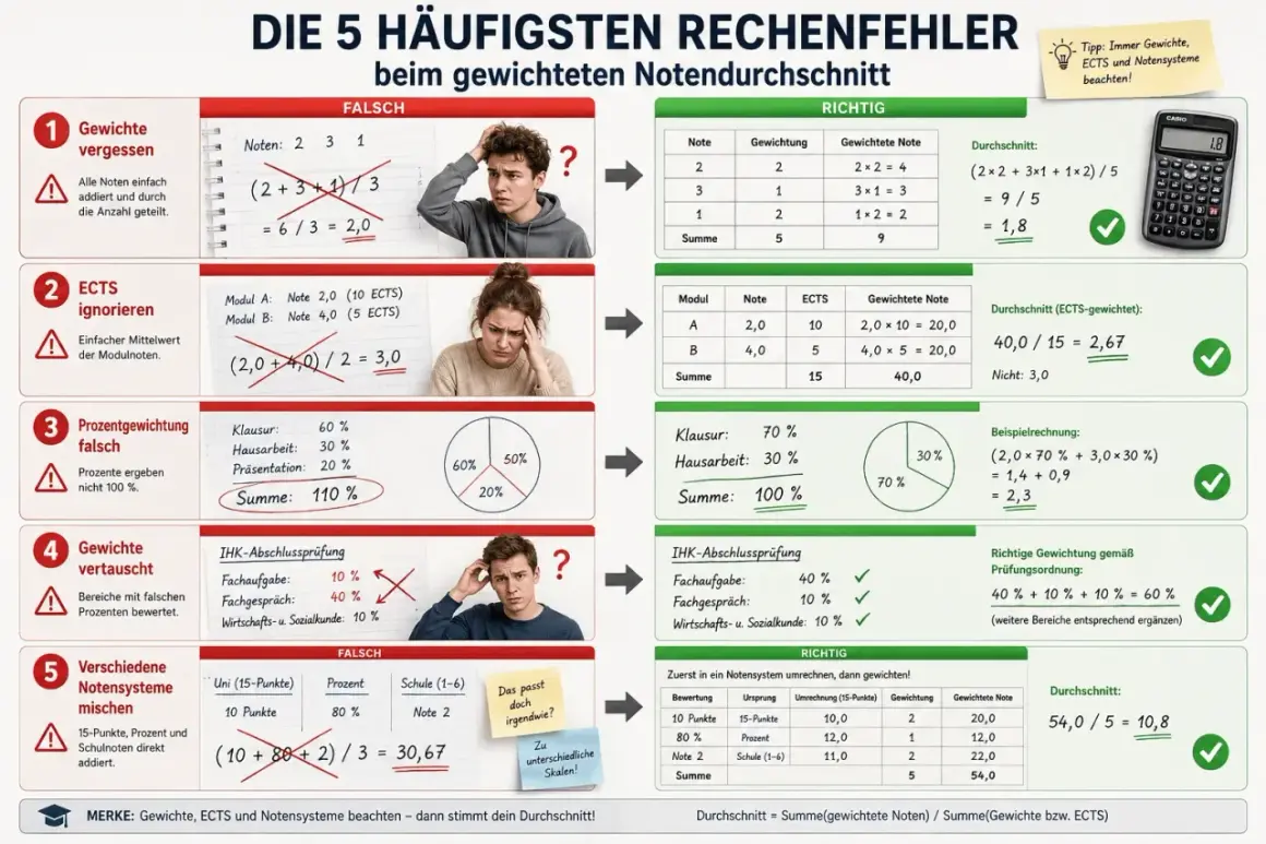 Fünf häufige Fehler beim gewichteten Notendurchschnitt: Gewichte vergessen, ECTS ignorieren, falsche Prozentgewichtung, vertauschte Gewichte und das Mischen verschiedener Notensysteme.